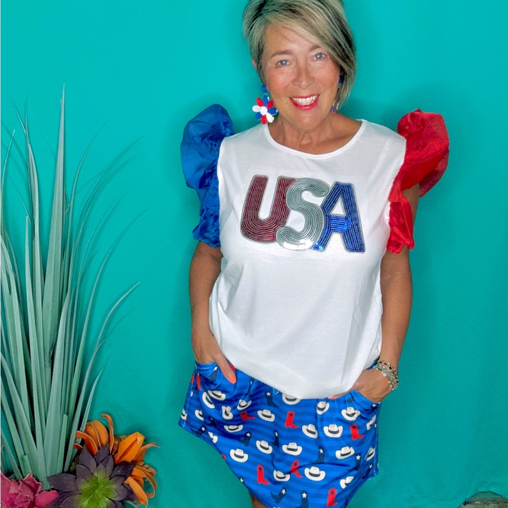 NWT RWB Patriotic Sequin USA T-Shirt with Colorful Ruffle Short Sleeves